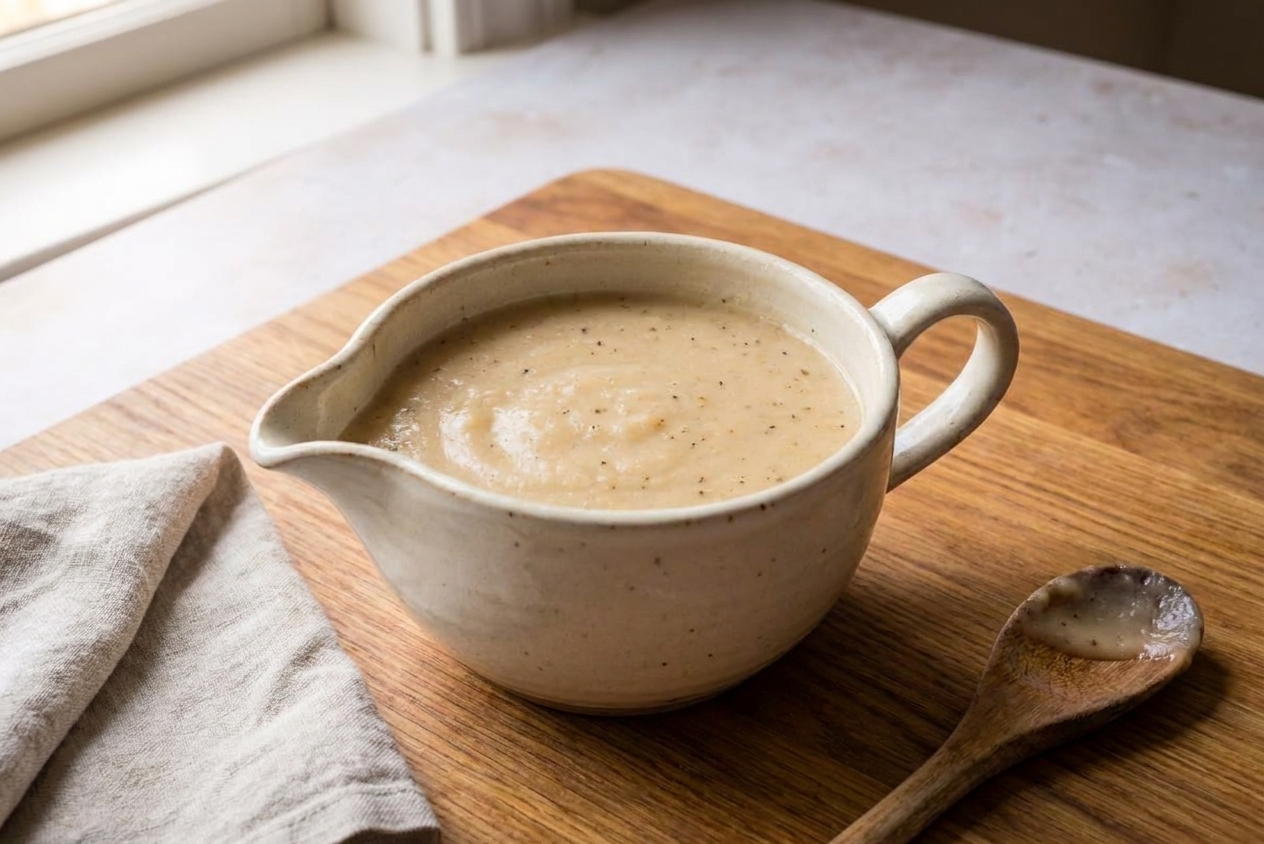 A ceramic gravy boat filled with creamy whipped potato gravy on a warm-toned kitchen table with a spoon resting nearby