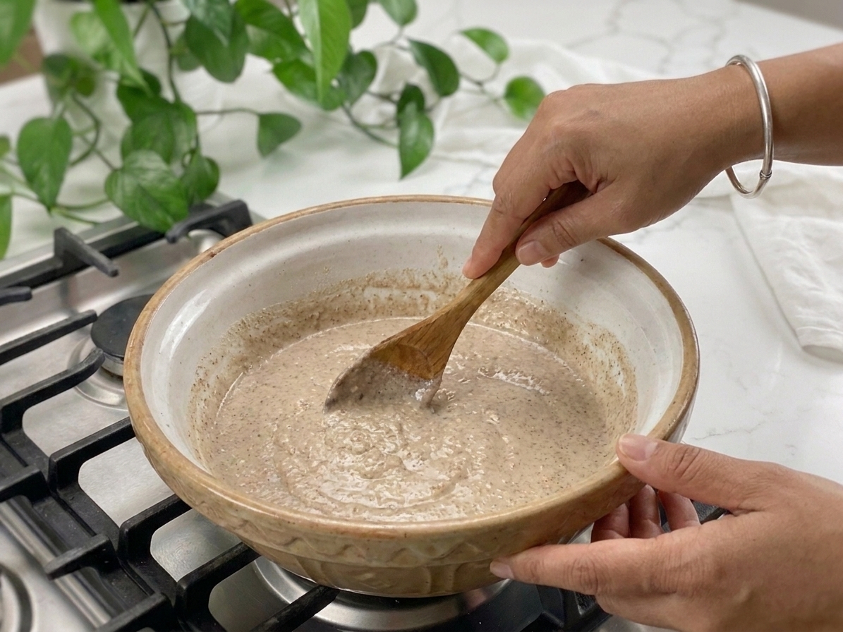 A ceramic mixing bowl on a kitchen counter with teff flour and water being stirred into a thin batter with a wooden spoon