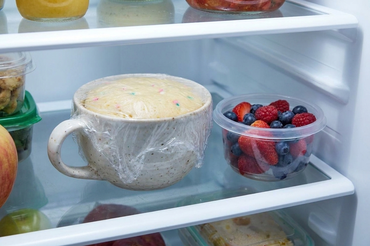 A ceramic mug covered with plastic wrap sitting on a refrigerator shelf next to a small container of berries