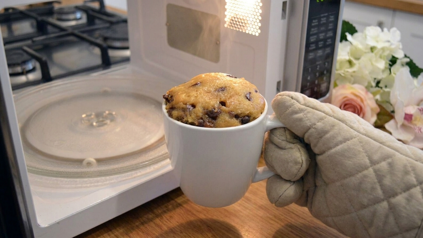 A ceramic mug in a microwave with cookie dough slightly puffed on top as it cooks