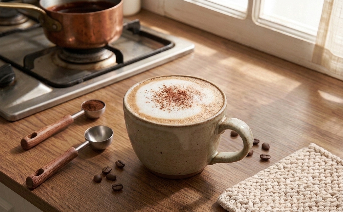 A ceramic mug of homemade mocha latte on a kitchen counter, topped with a light layer of foam and a dusting of cocoa powder, warm morning light