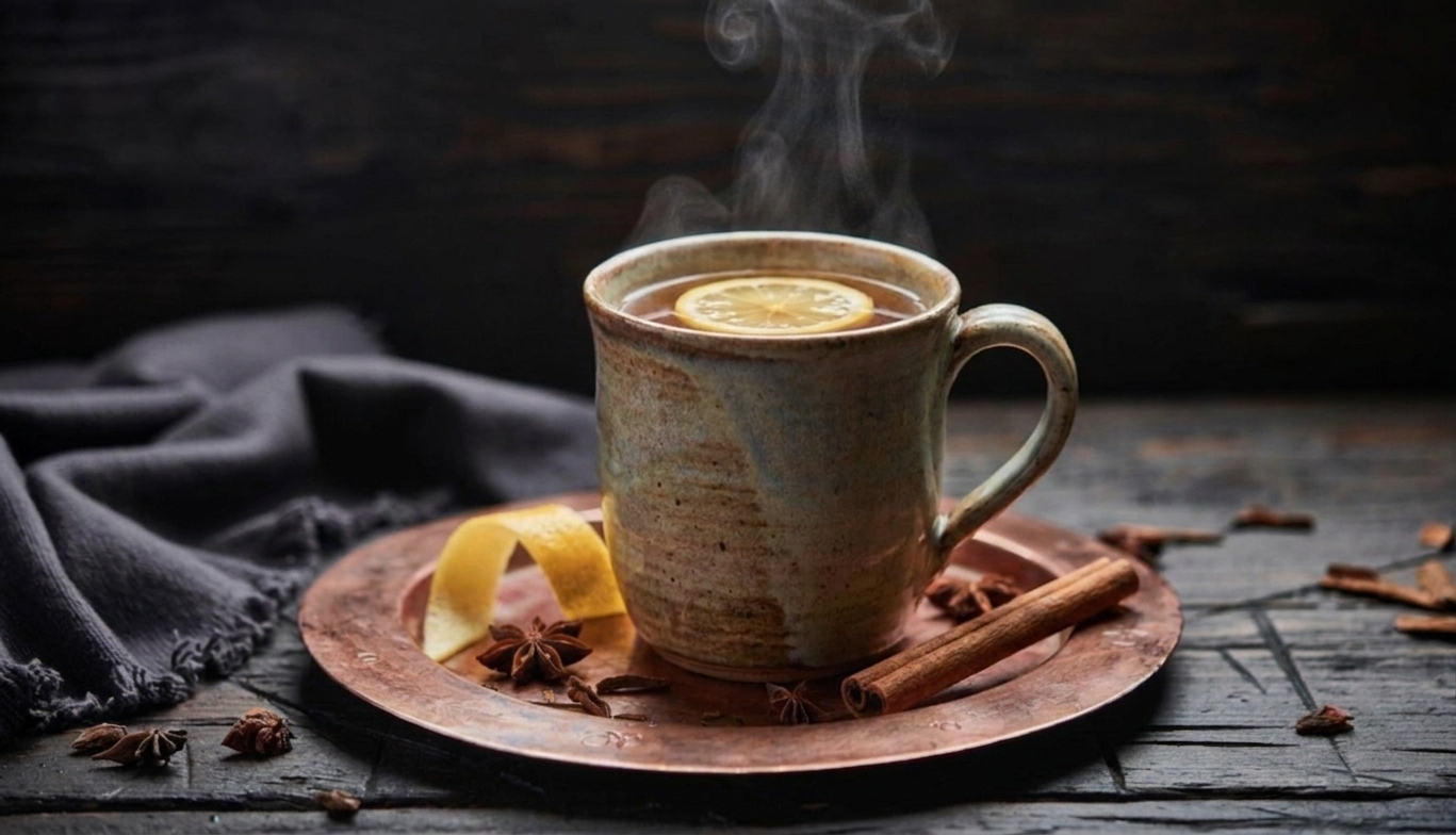 A ceramic mug of hot toddy with a lemon wheel floating on top and a cinnamon stick beside it on a warm kitchen counter