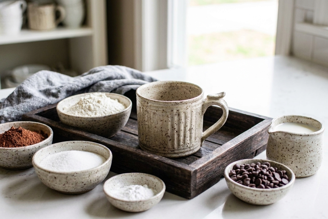 A ceramic mug surrounded by small bowls of flour, cocoa powder, sugar, baking powder, milk, and chocolate chips on a bright kitchen counter