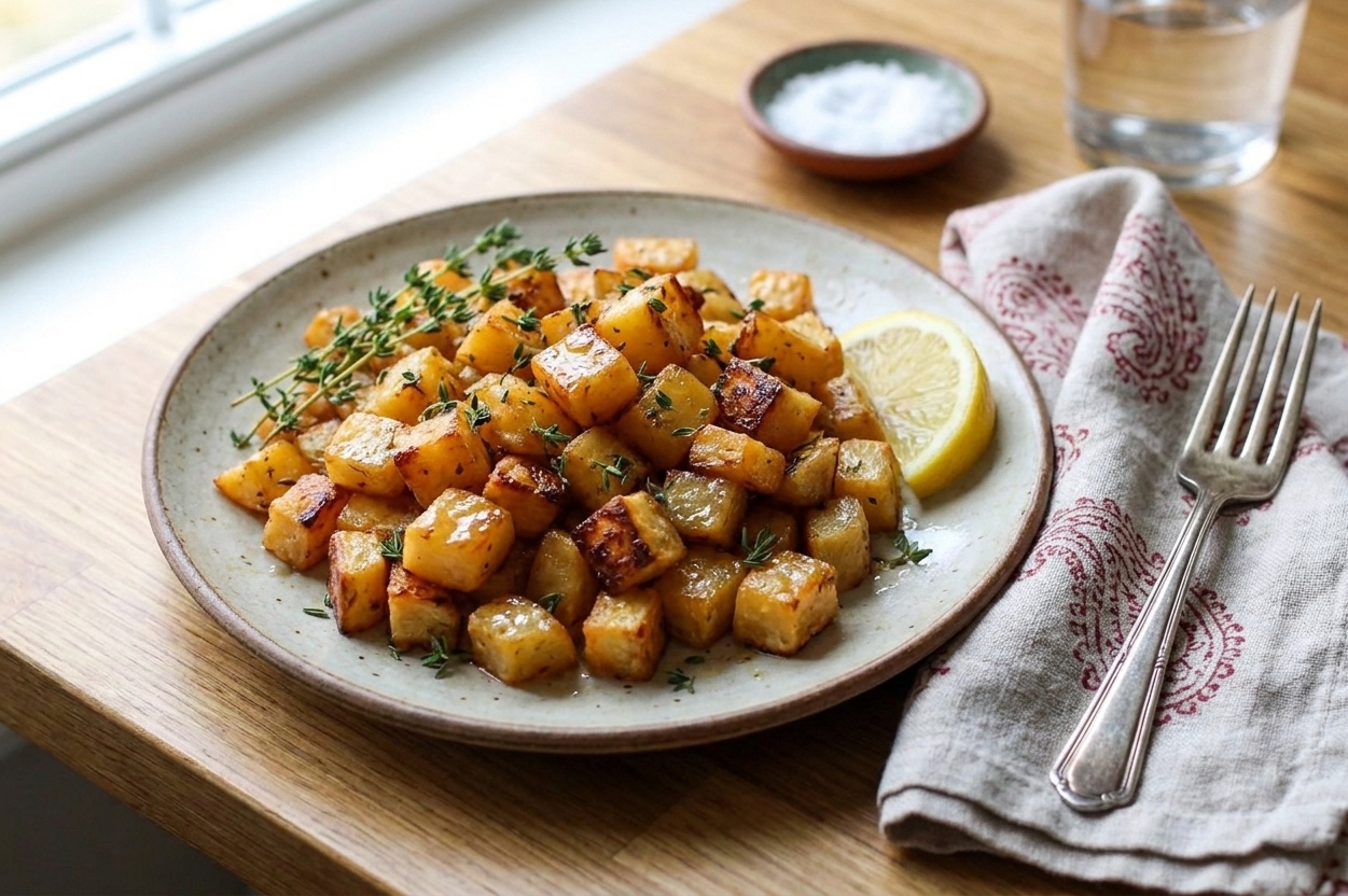 A ceramic plate of honey roasted rutabaga cubes with browned edges, thyme scattered on top, and a lemon wedge on the side on a simple dinner table setting