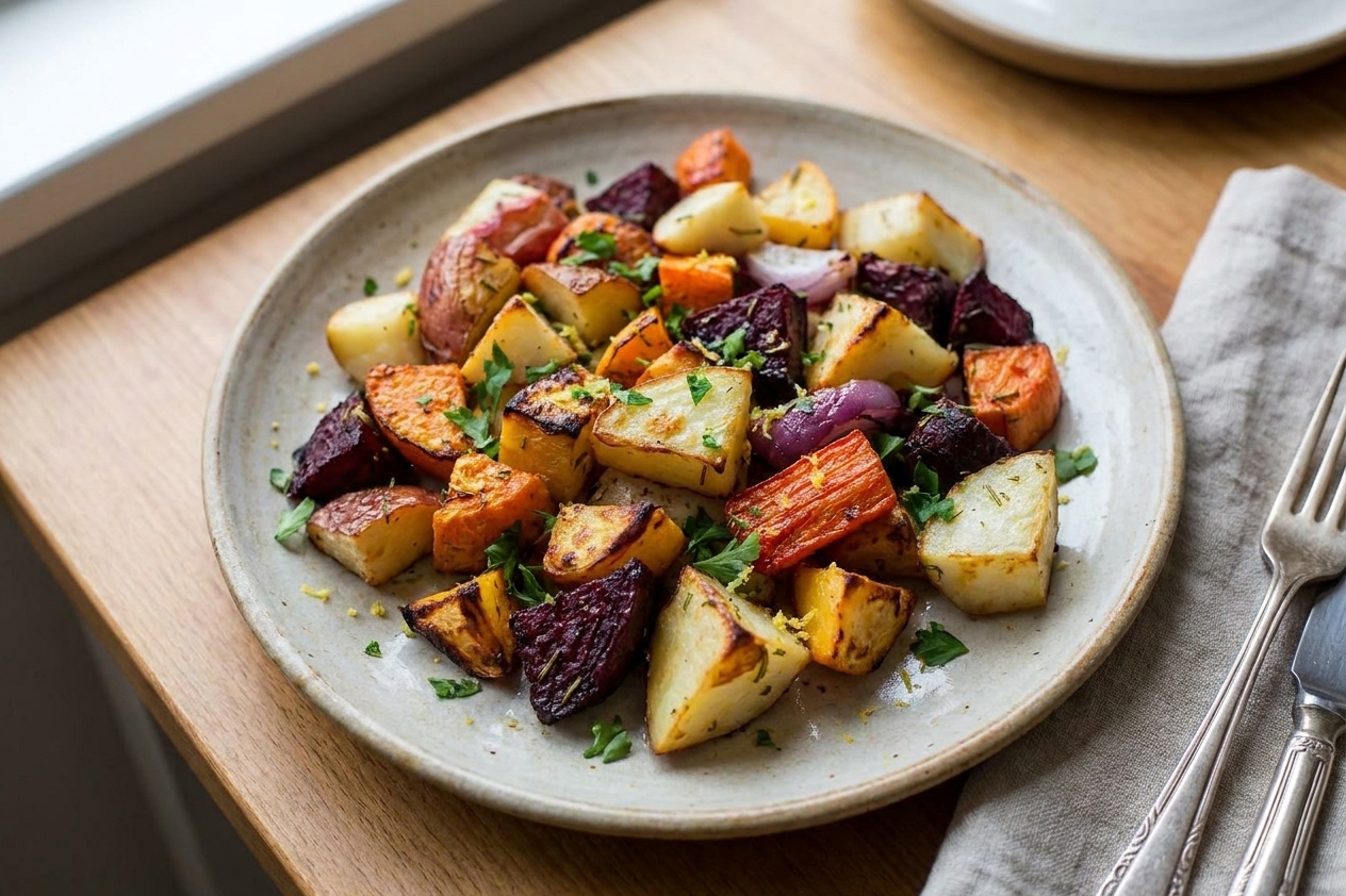A ceramic plate piled with roasted root vegetables with crisp browned edges, topped with chopped parsley and lemon zest on a simple dinner table setting