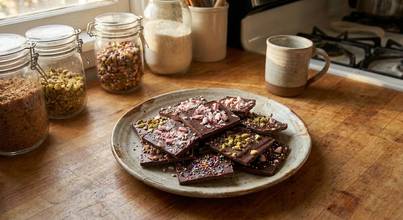 A ceramic plate stacked with chocolate bark squares topped with candy cane bits, nuts, and sprinkles on a cozy kitchen table