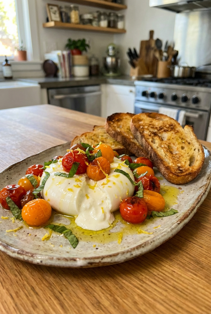 A ceramic platter with a whole burrata ball topped with blistered cherry tomatoes, lemon zest, basil, and a drizzle of olive oil, with toasted bread slices on the side