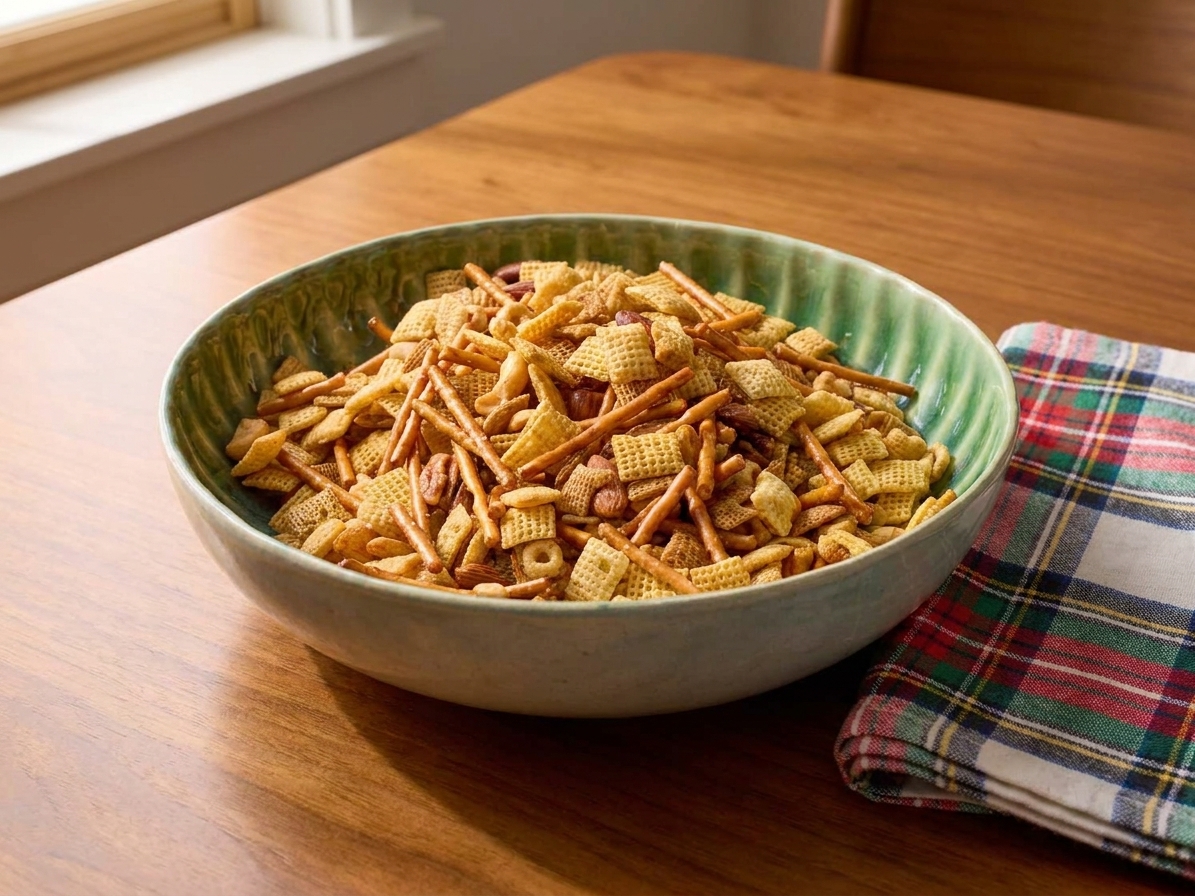 A ceramic serving bowl filled with Christmas Chex Mix on a dining table with a festive napkin beside it