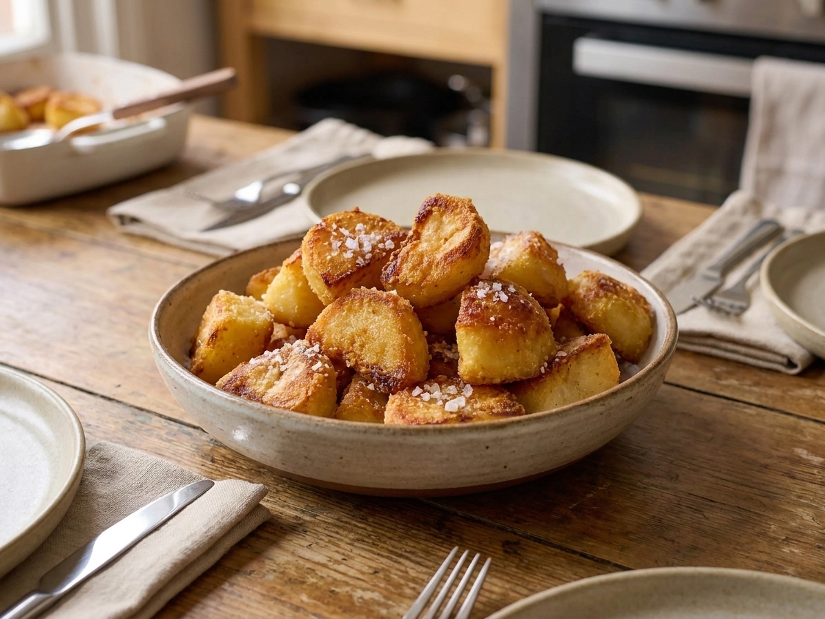 A ceramic serving bowl filled with crispy roast potato chunks topped with flaky salt on a dinner table with simple plates and napkins