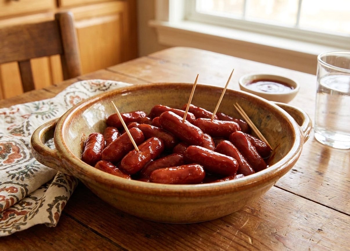 A ceramic serving bowl of saucy little smokies with toothpicks on a cozy kitchen table setting