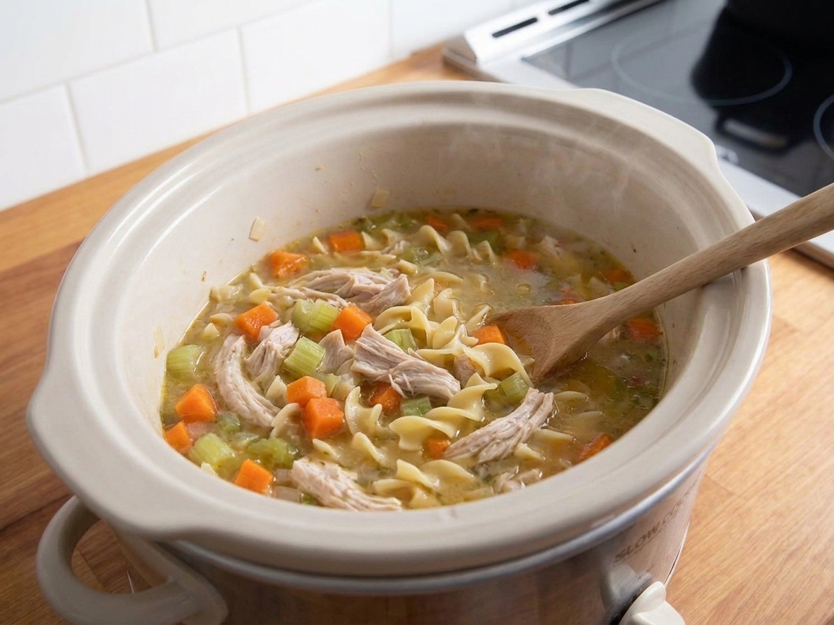 A ceramic slow cooker filled with chicken noodle soup, showing shredded chicken, sliced carrots, celery, and egg noodles in a golden broth on a warm kitchen counter