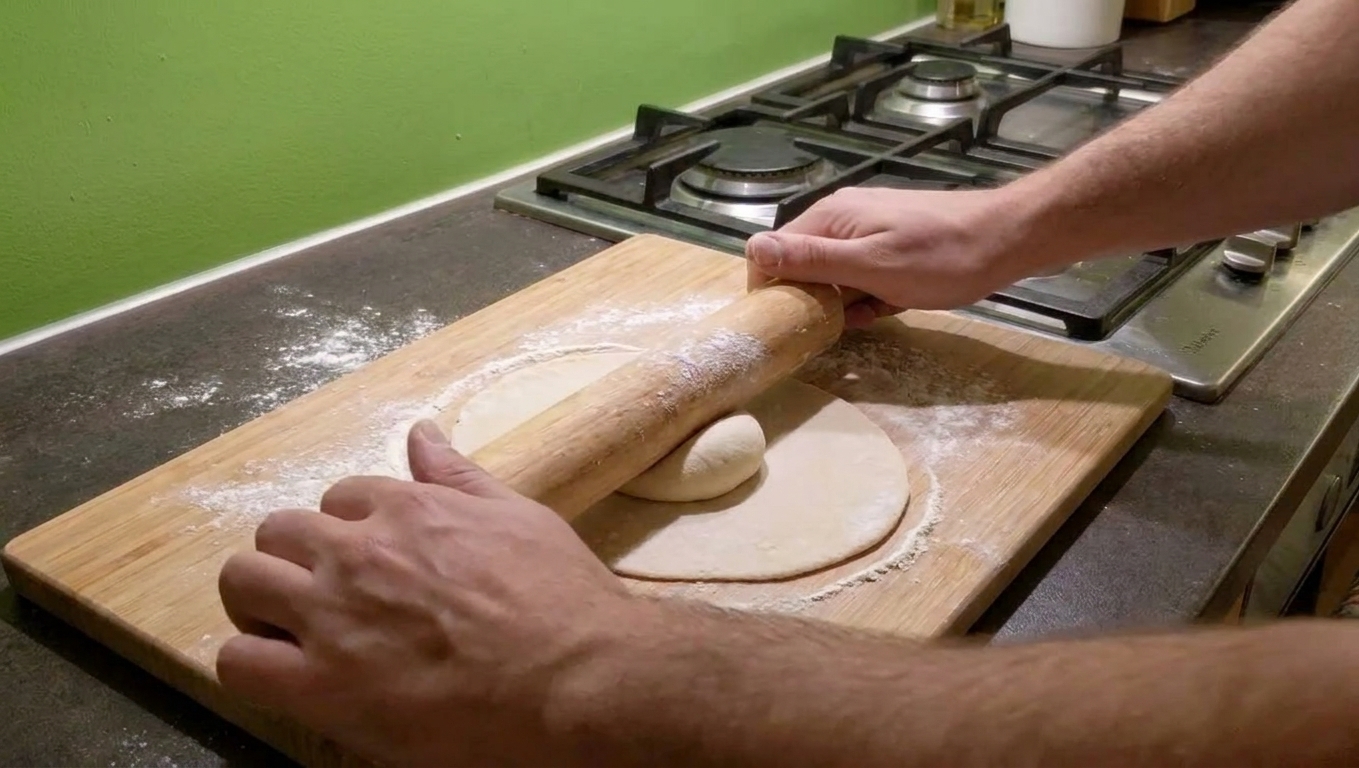 A chapati being rolled into a thin round with a rolling pin on a lightly floured board