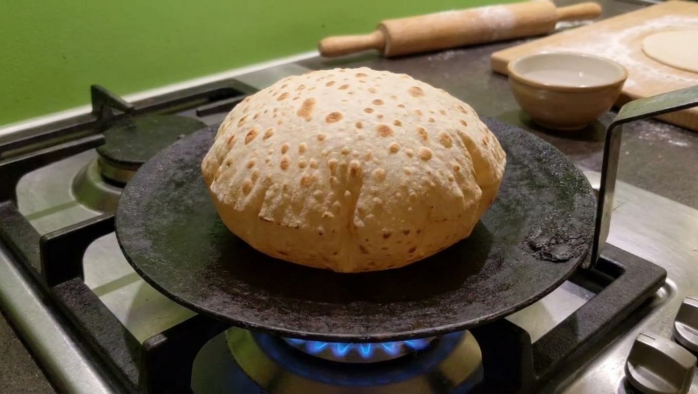 A chapati puffing up on a hot tawa with light brown spots forming