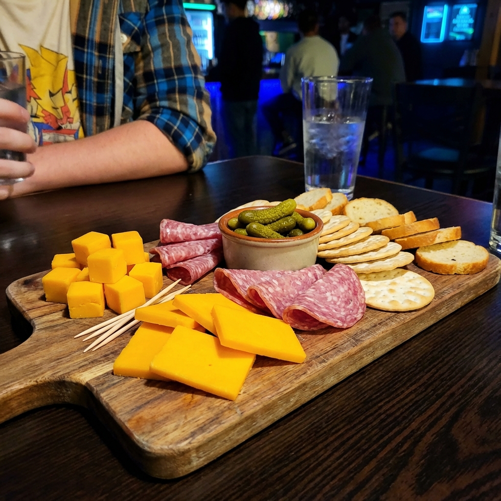 A charcuterie board with cheddar, salami, pickles, and crackers