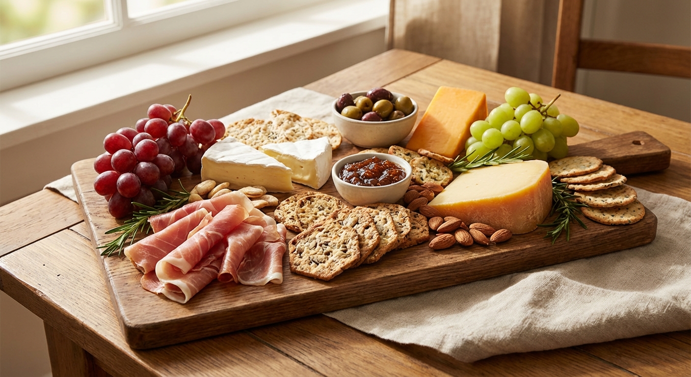 A charcuterie board with prosciutto, cheeses, grapes, and crackers