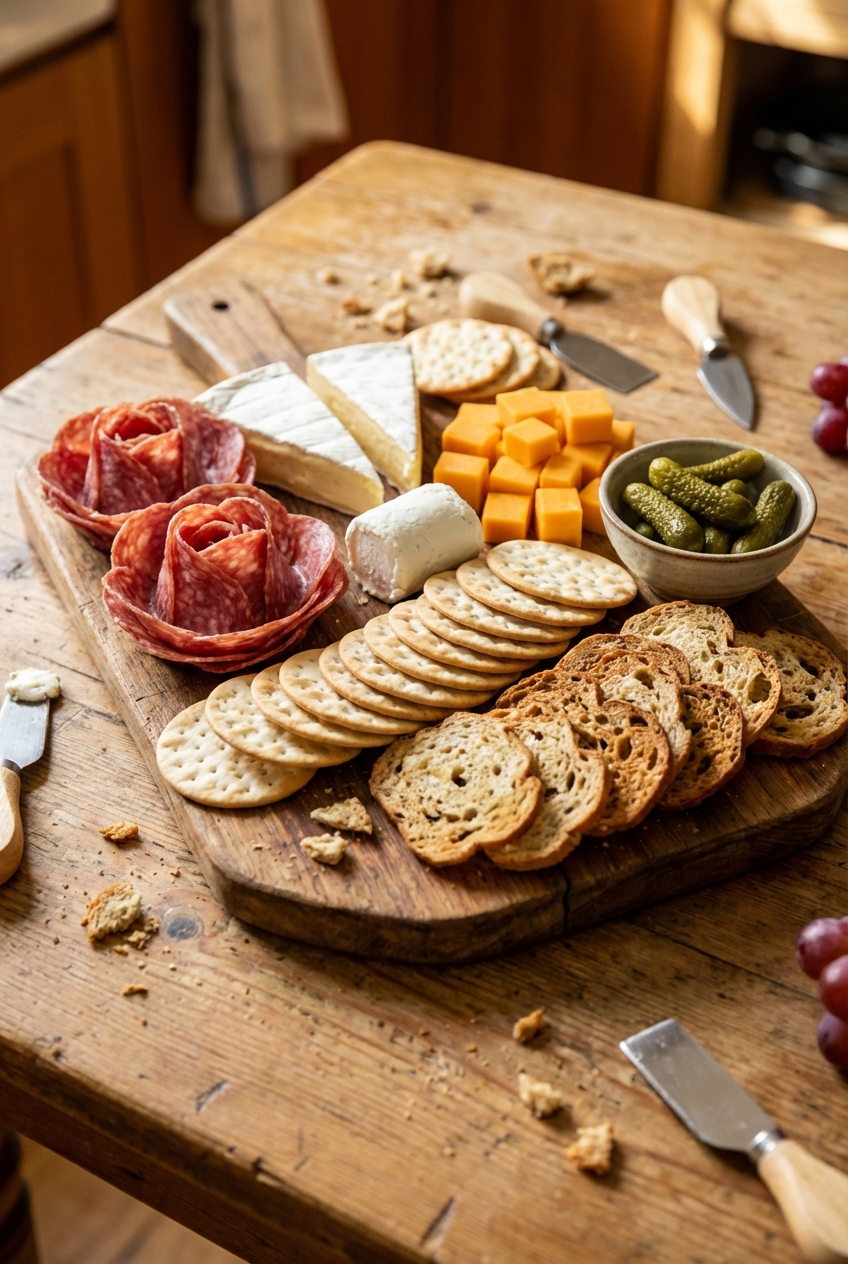 A charcuterie board with salami, cheeses, crackers, and pickles on a wooden board