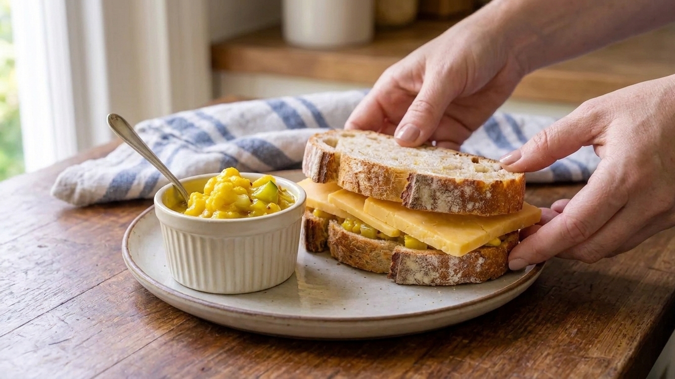 A cheddar sandwich on rustic bread with a small ramekin of bright yellow piccalilli on the side on a wooden table