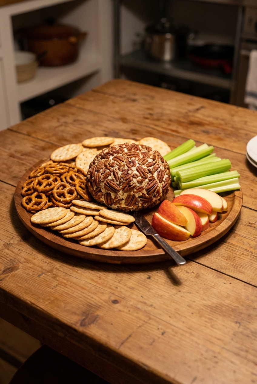 A cheese ball on a platter surrounded by crackers, pretzels, celery sticks, and sliced apples on a wooden table