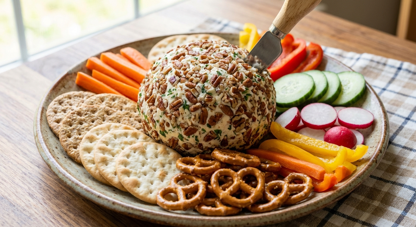 A cheese ball on a serving plate surrounded by crackers, pretzels, and sliced vegetables