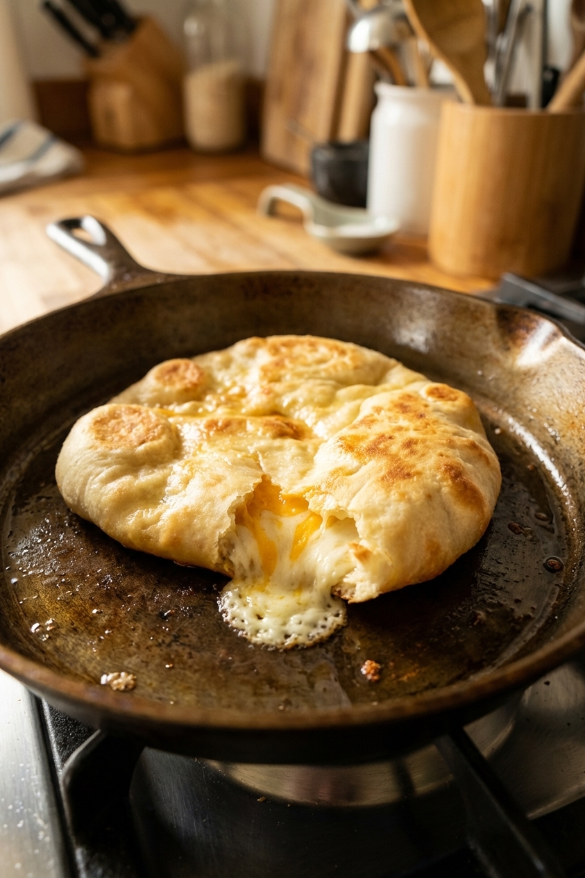 A cheese stuffed naan cooking in a cast iron skillet with melted cheese slightly oozing at the edge, close-up