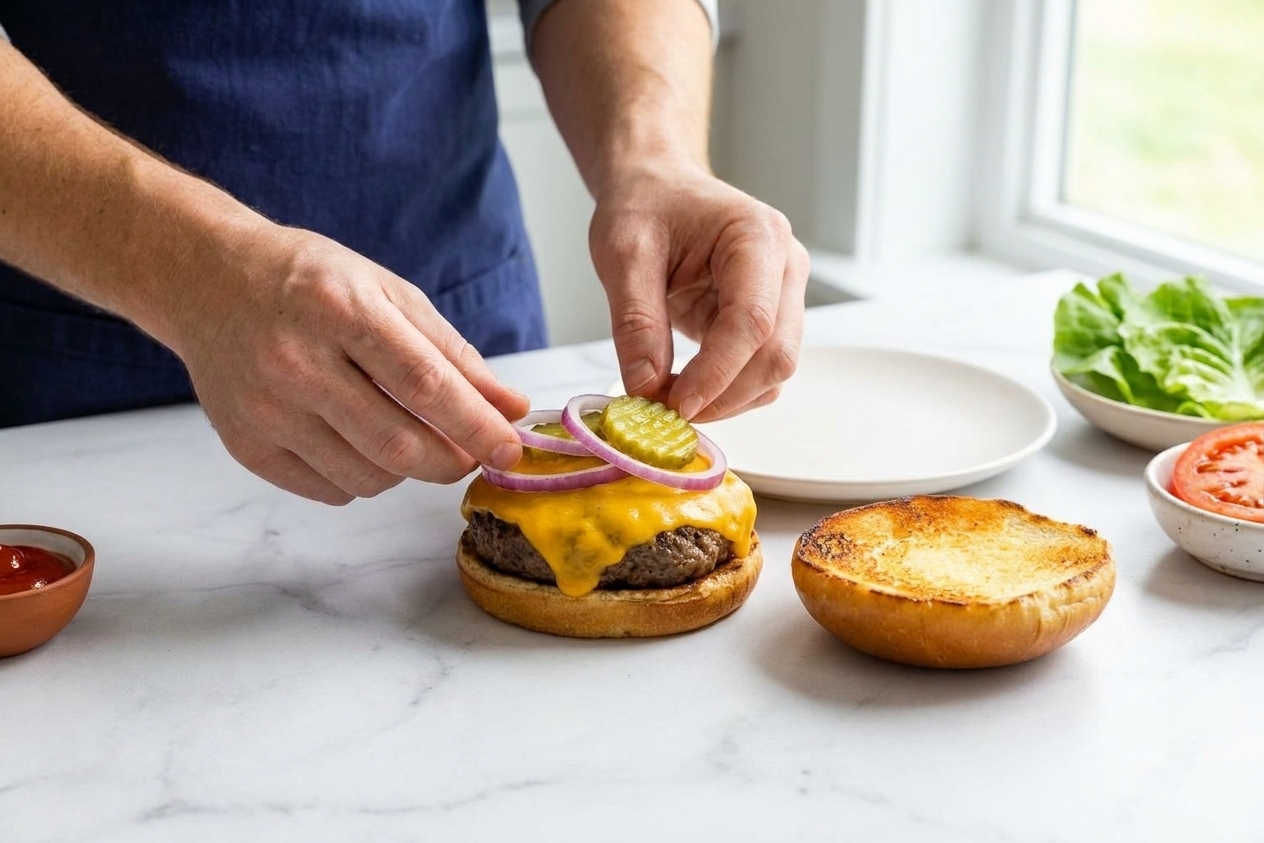 A cheeseburger being assembled on a kitchen counter with pickles and onion on a toasted bun next to a plate