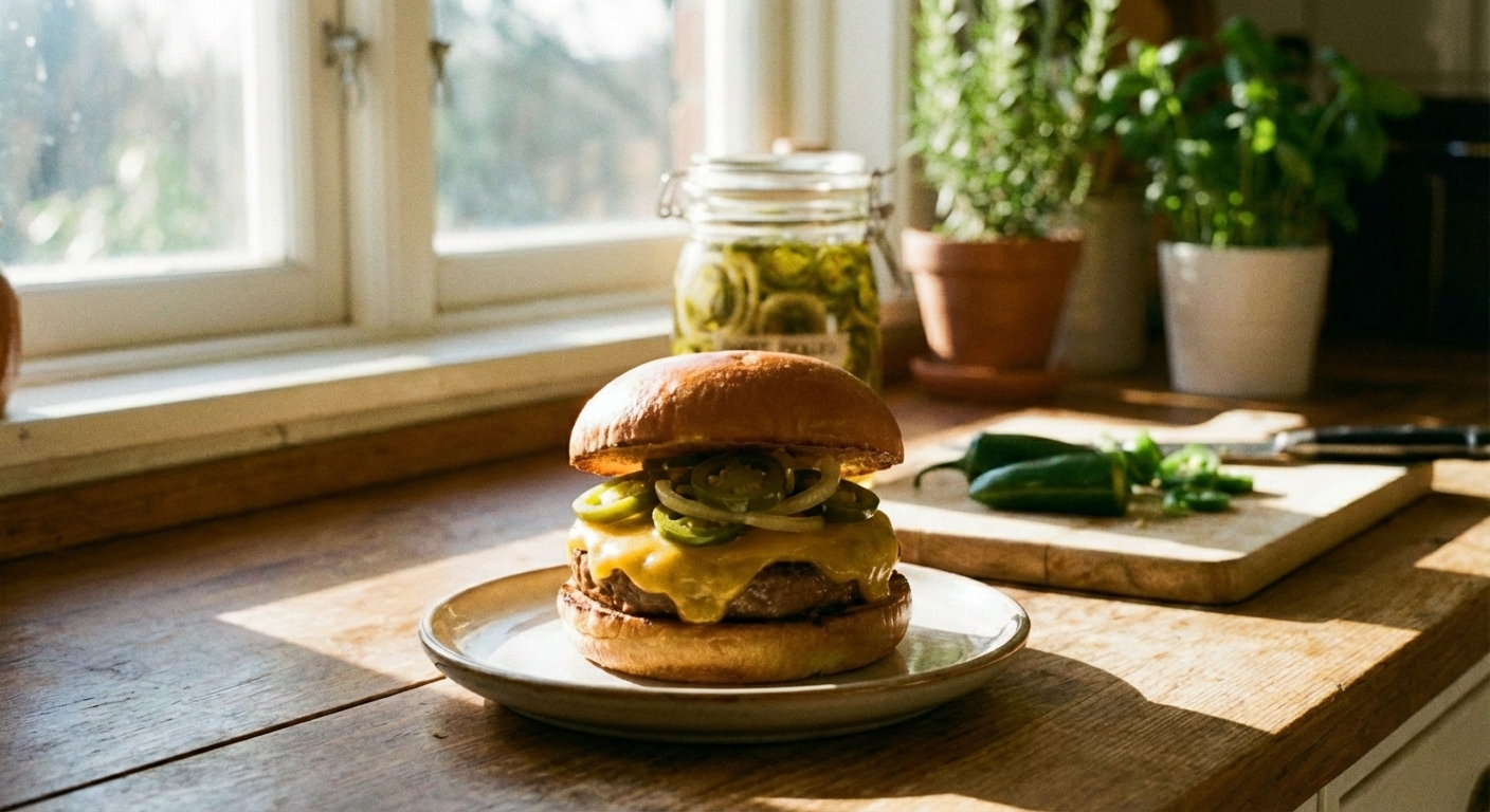 A cheeseburger topped with pickled jalapeños on a toasted bun
