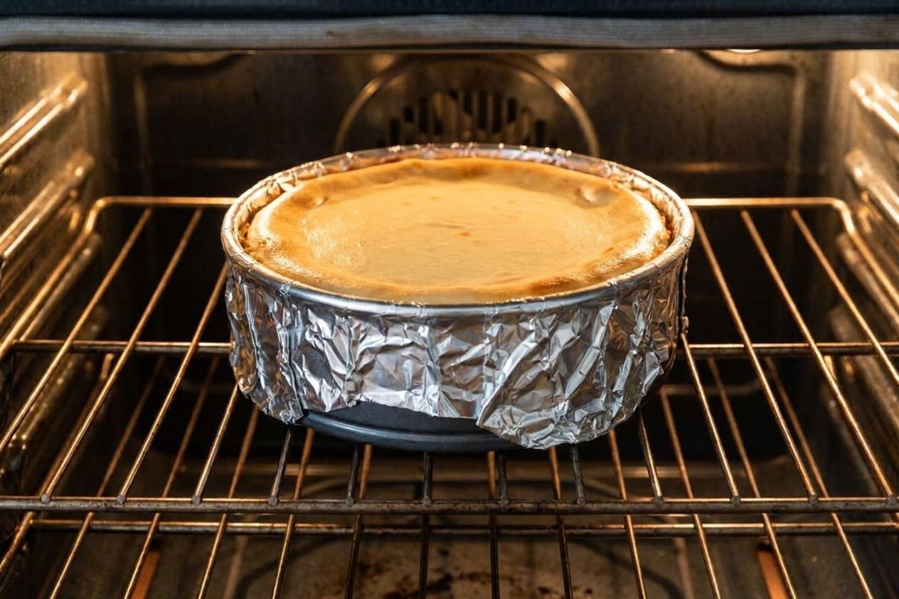 A cheesecake baking in a springform pan on the center oven rack with warm oven light