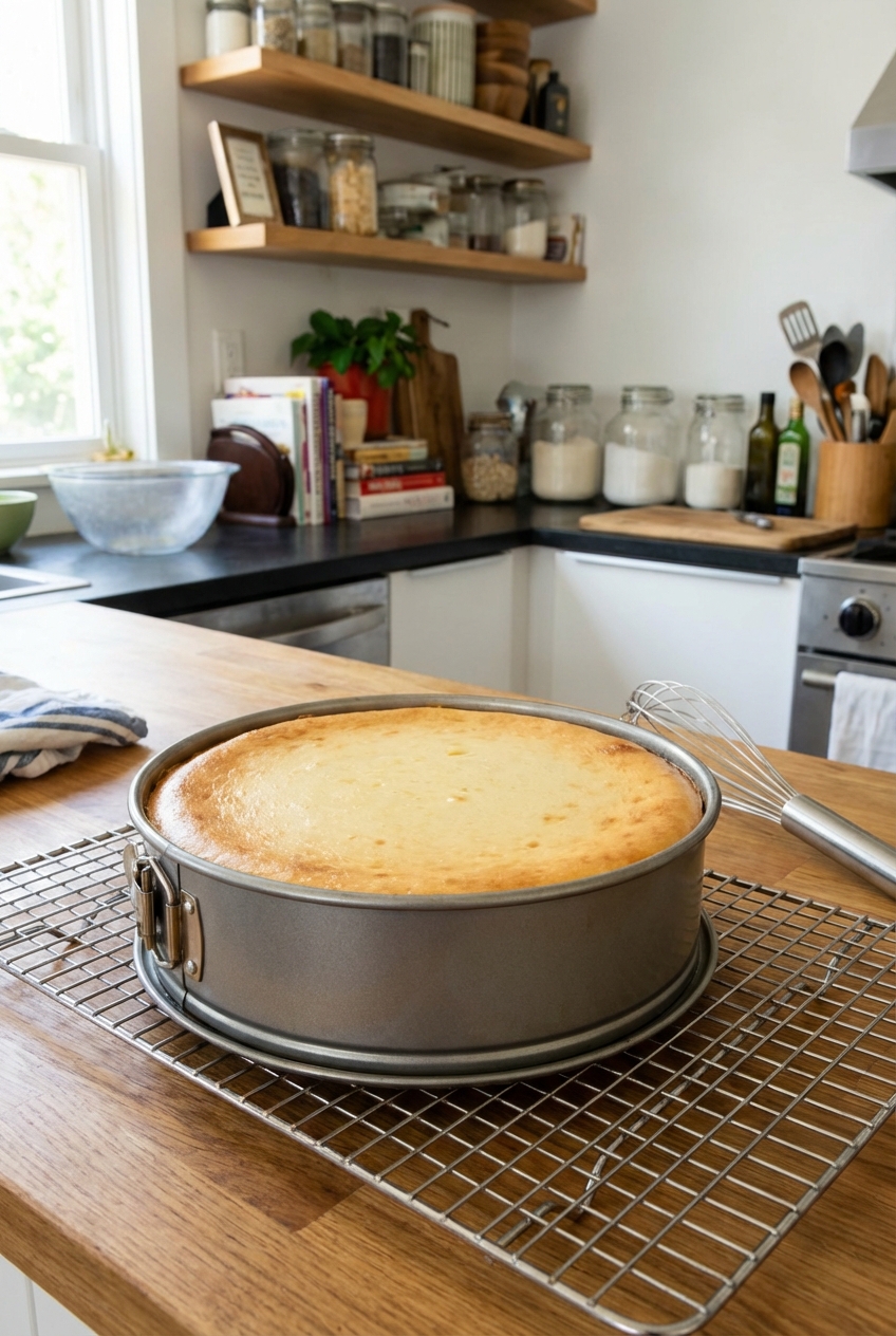 A cheesecake cooling on a wire rack in a springform pan in a home kitchen