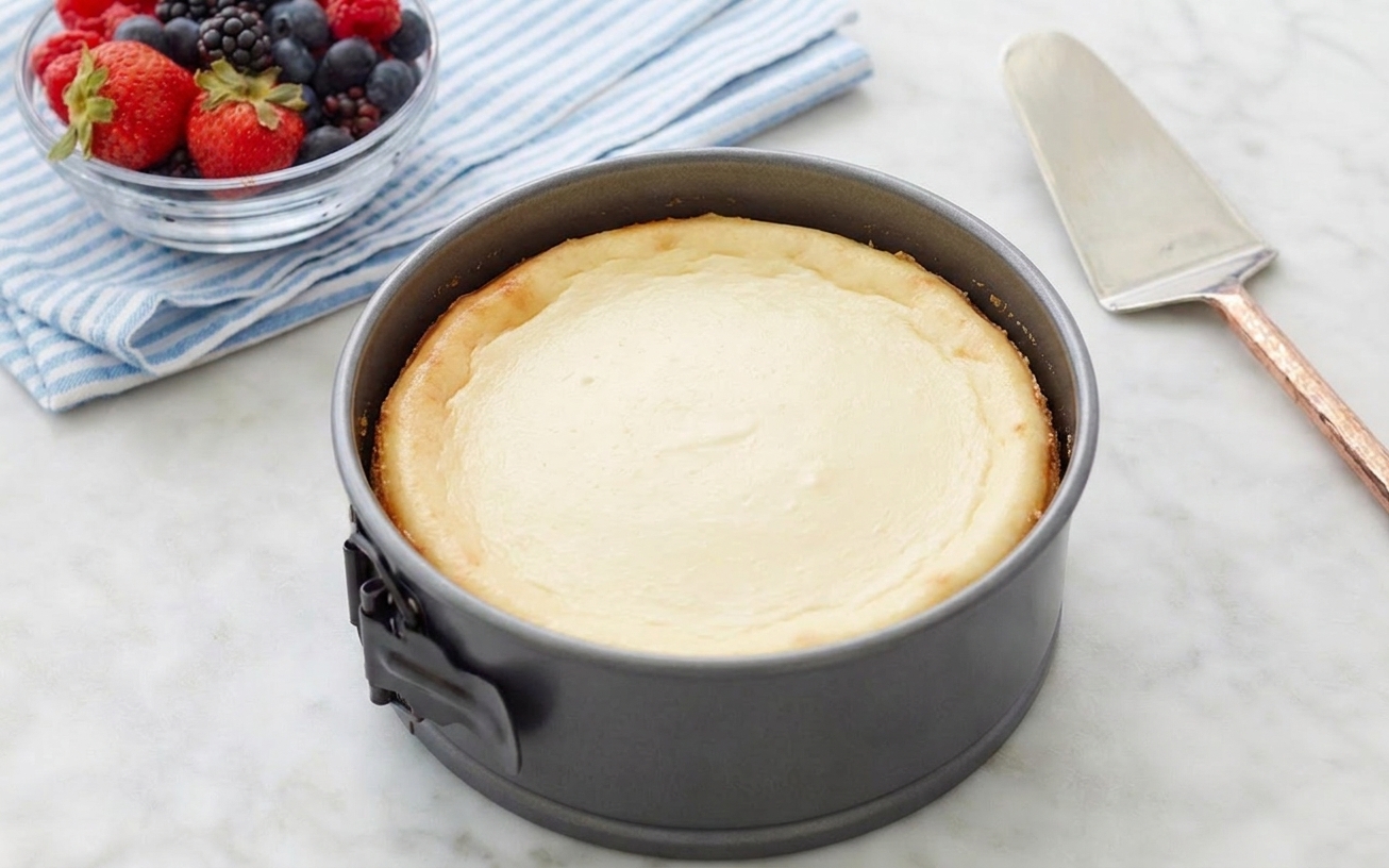 A cheesecake in a springform pan after baking, top pale and smooth with slightly puffed edges