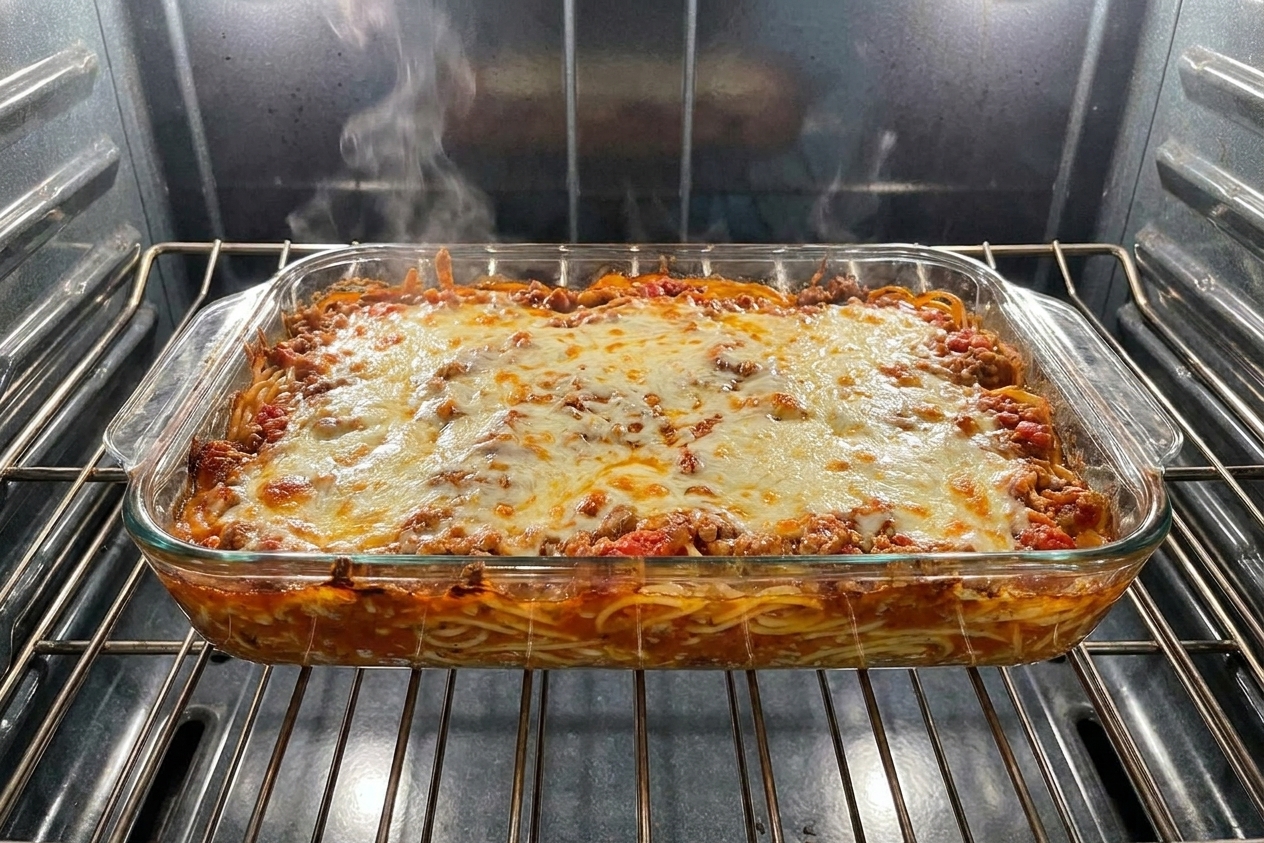 A cheesy baked spaghetti casserole on an oven rack with the top melted and bubbling