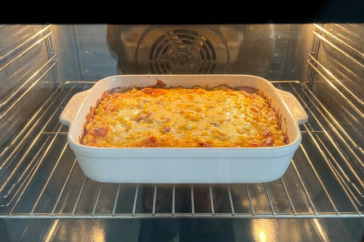 A cheesy corn casserole baking on the middle rack of an oven in a ceramic baking dish