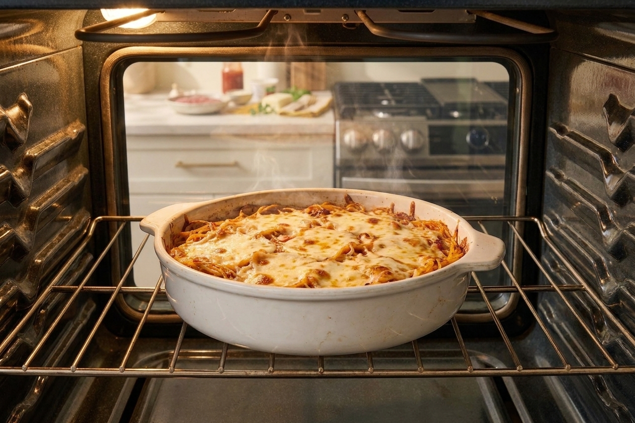 A cheesy spaghetti bake on the middle oven rack with melted mozzarella bubbling on top inside a home oven