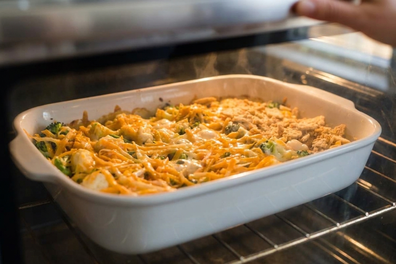 A cheesy vegetable casserole bubbling in the oven with a golden cracker topping, seen through the oven door