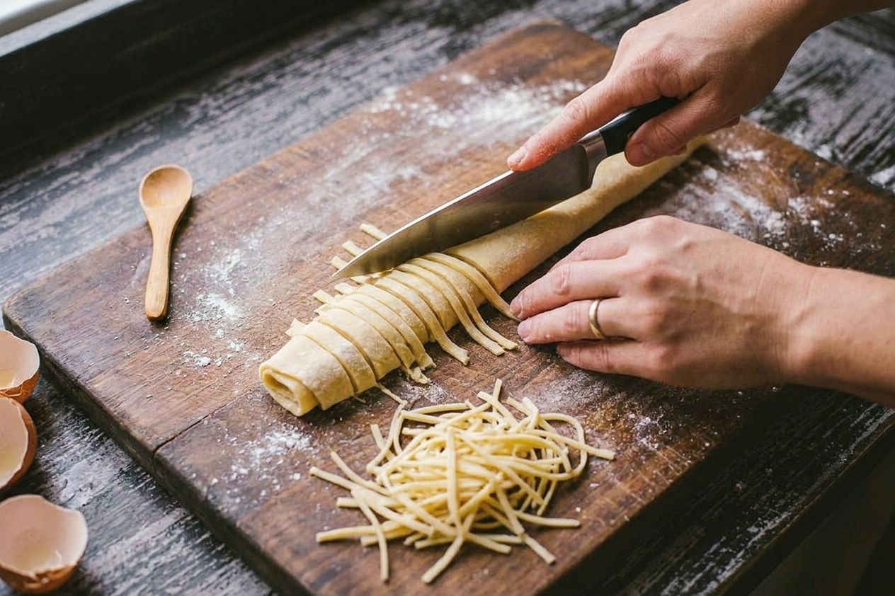 A chef knife slicing rolled egg noodle dough into even strips on a floured cutting board