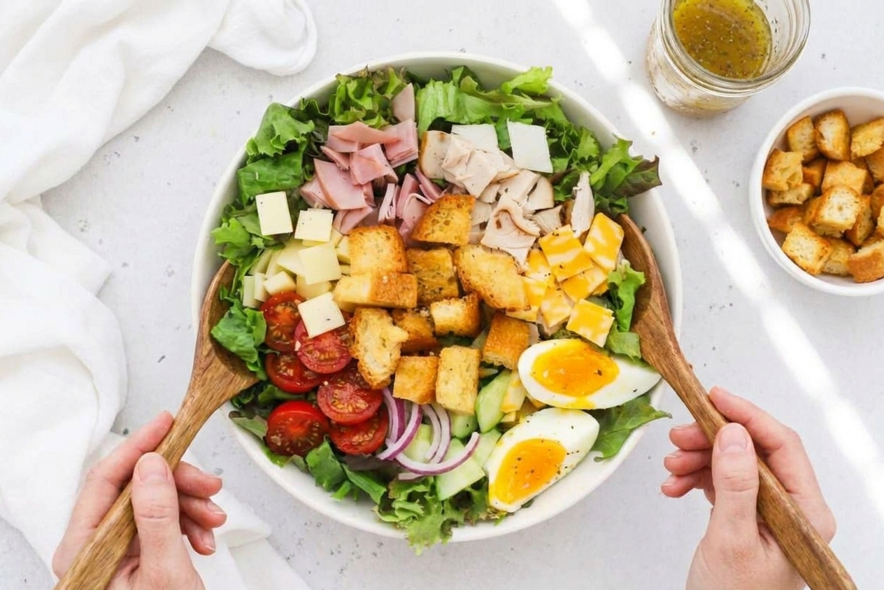 A chef salad in a large bowl with lettuce, deli meats, eggs, and cheese, ready to toss