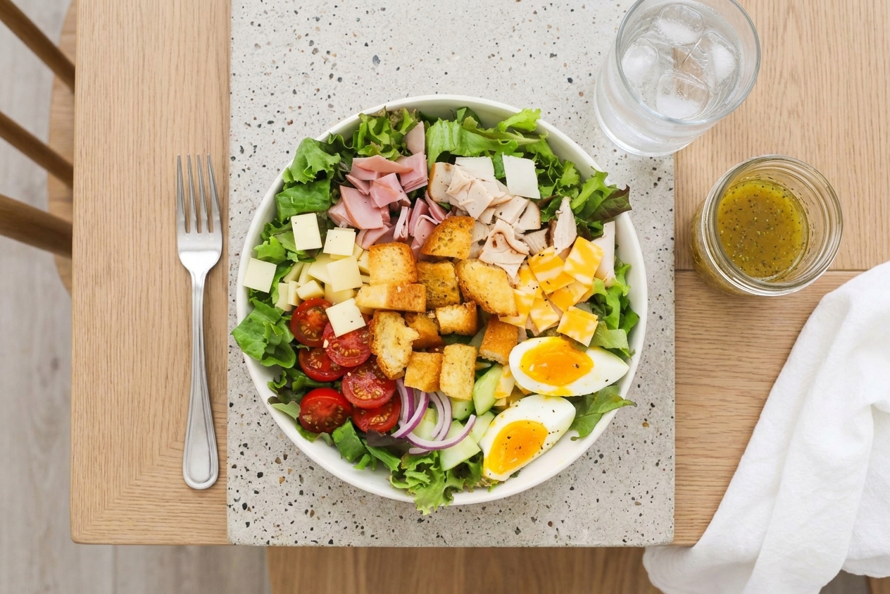 A chef salad served in a shallow bowl on a dinner table with a fork and a glass of water nearby