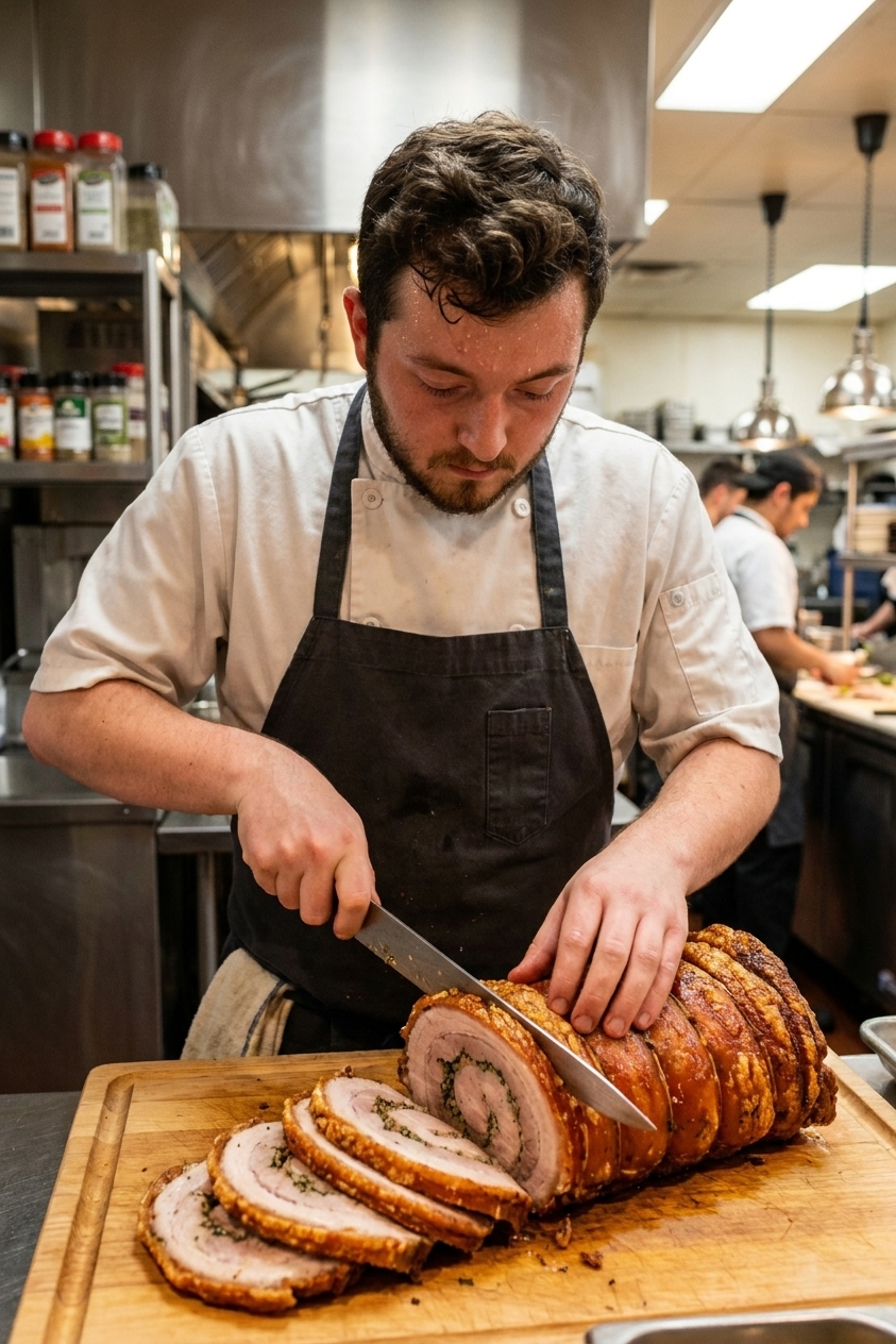 A chef slicing a porchetta-style pork roast into thin spiraled slices, showing crispy crackling skin and herb filling on a wooden cutting board