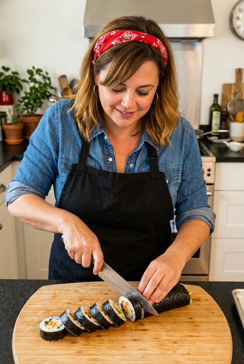 A chef's knife slicing a kimbap roll into even rounds on a cutting board