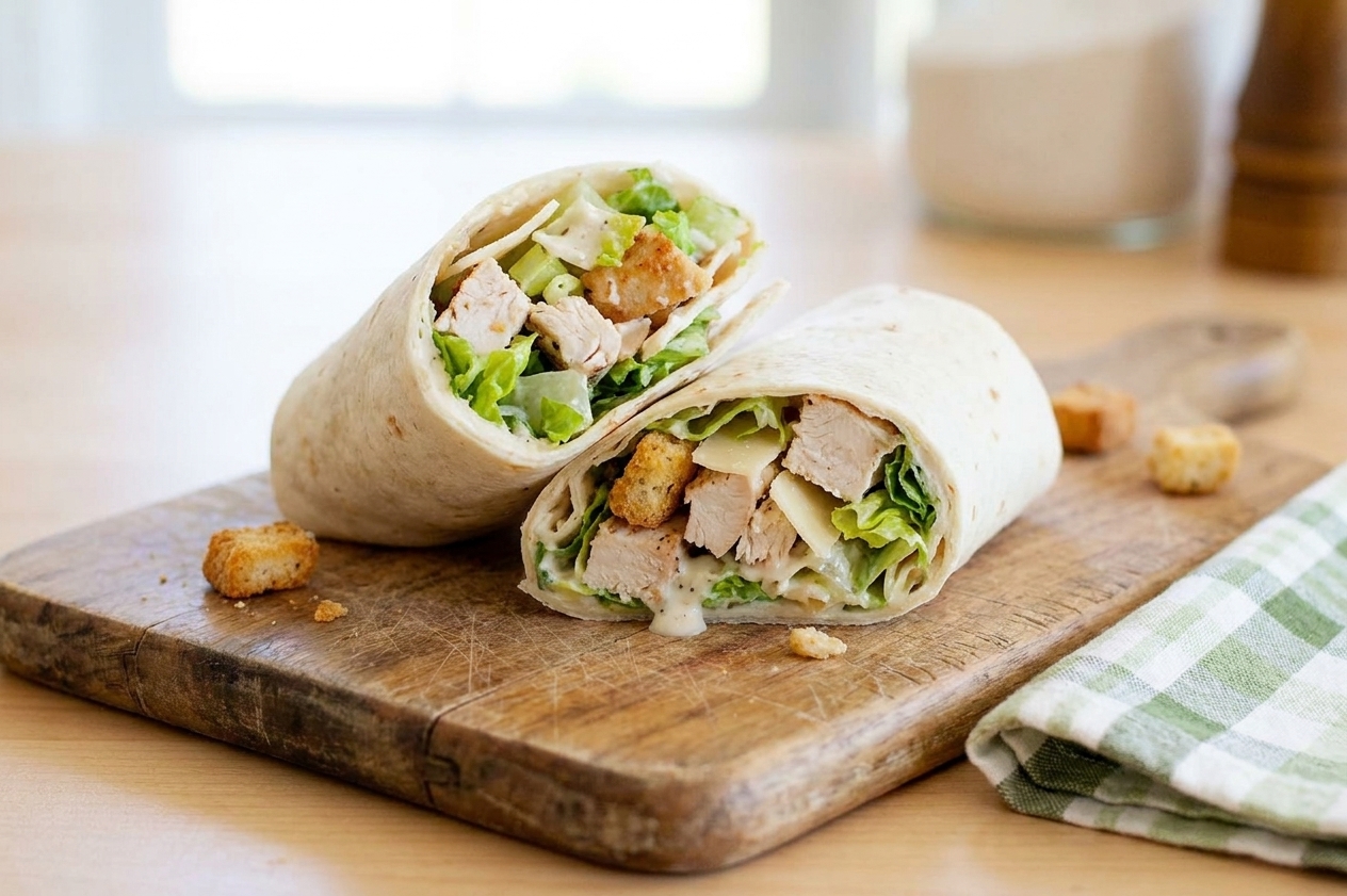A chicken Caesar wrap cut in half on a wooden cutting board, showing romaine, chopped chicken, Parmesan, and creamy dressing with a few croutons scattered nearby