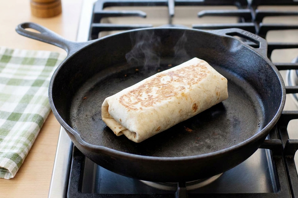 A chicken Caesar wrap toasting seam-side down in a dry skillet on a stovetop with light browning on the tortilla