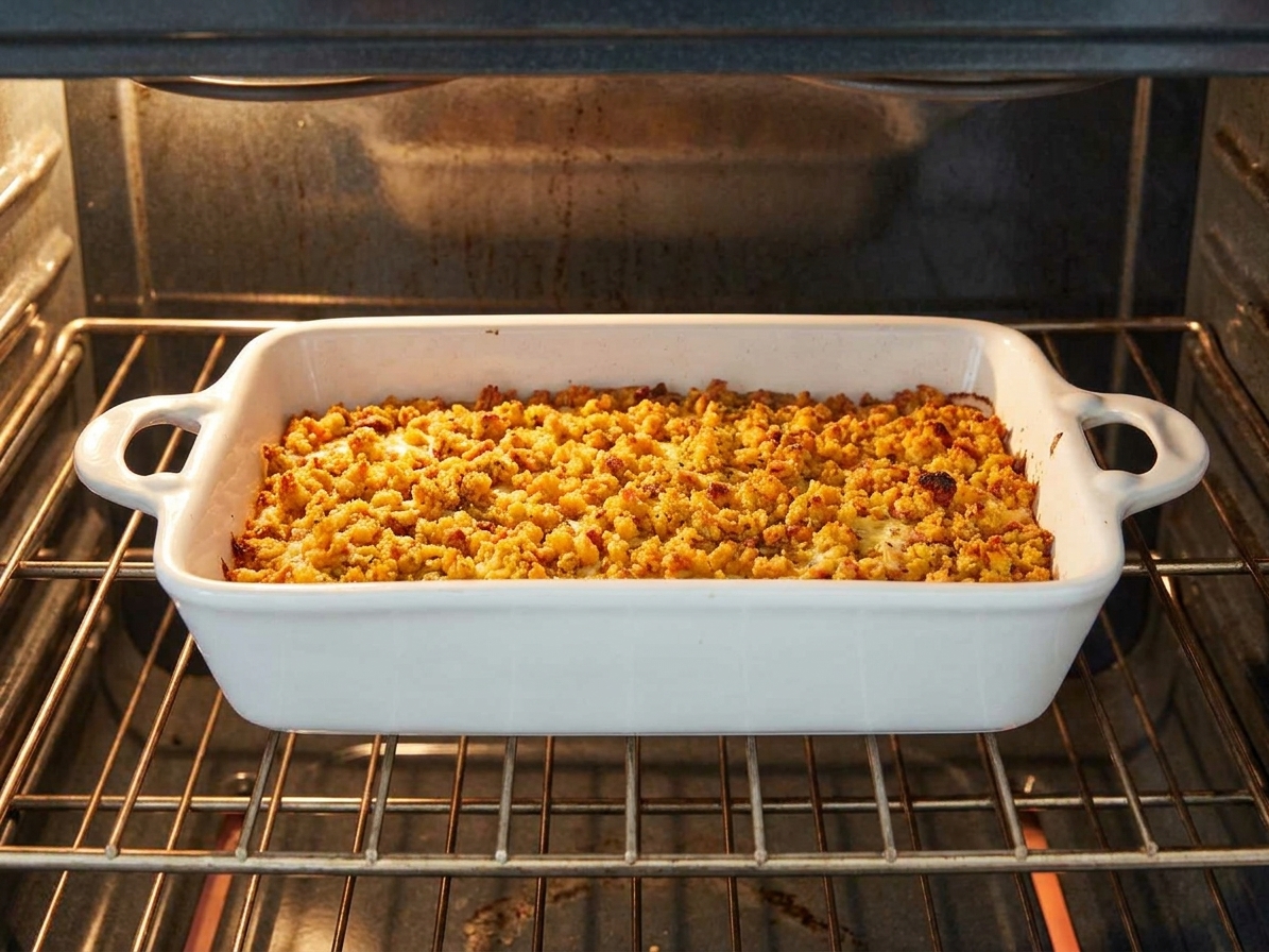 A chicken and stuffing casserole on the middle oven rack, topping turning golden as it bakes