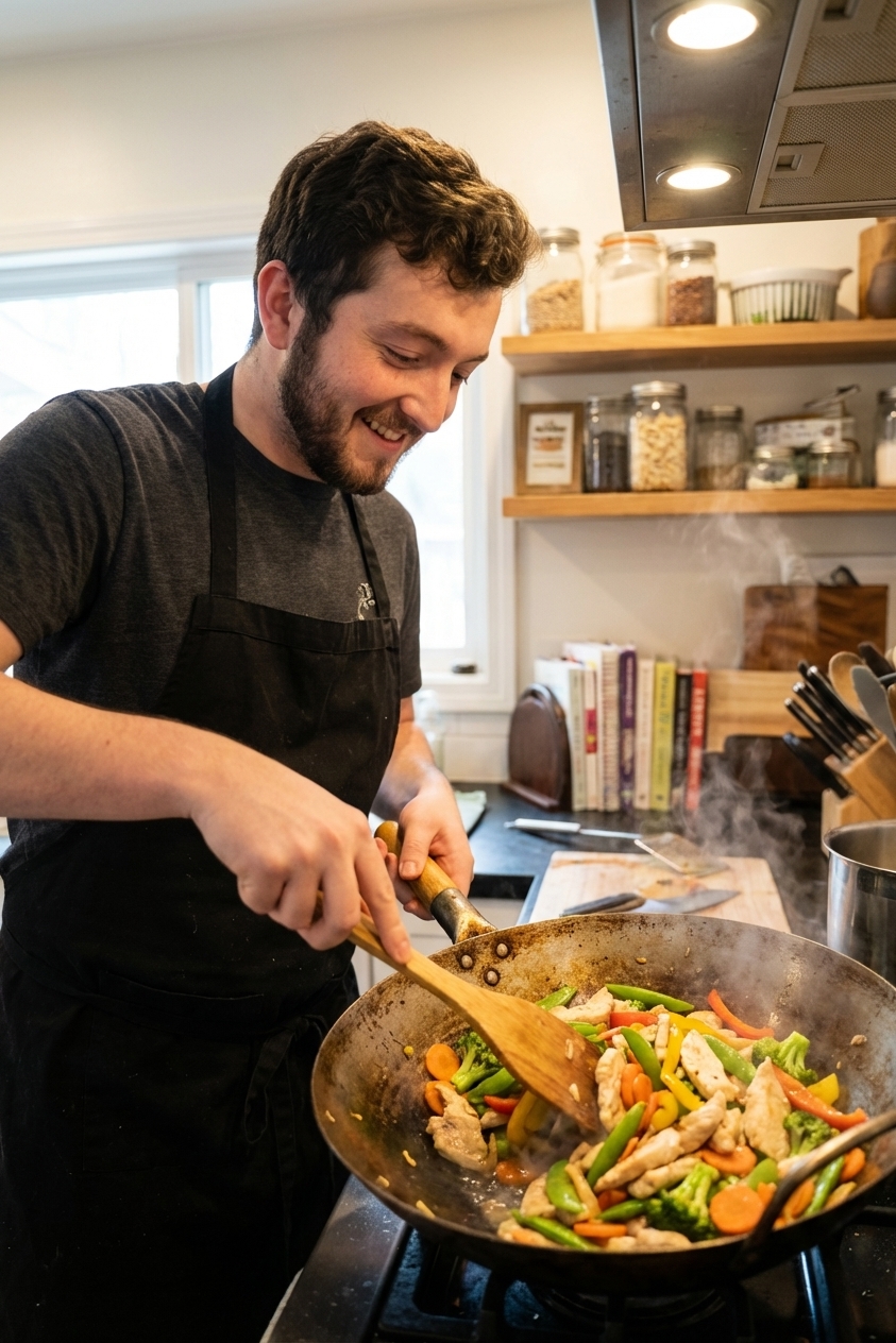 A chicken and vegetable stir fry in a wok