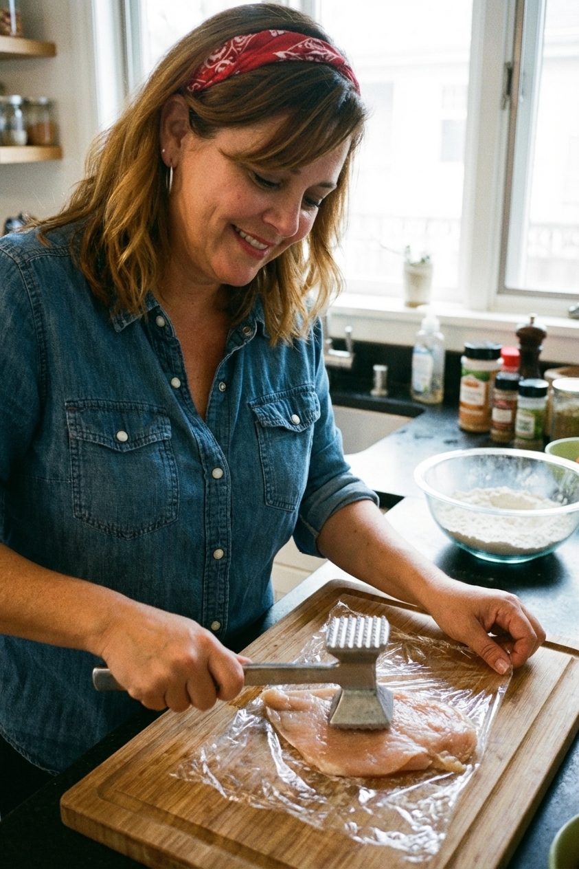 A chicken breast being pounded thin under plastic wrap with a meat mallet on a cutting board in a home kitchen, real photo style