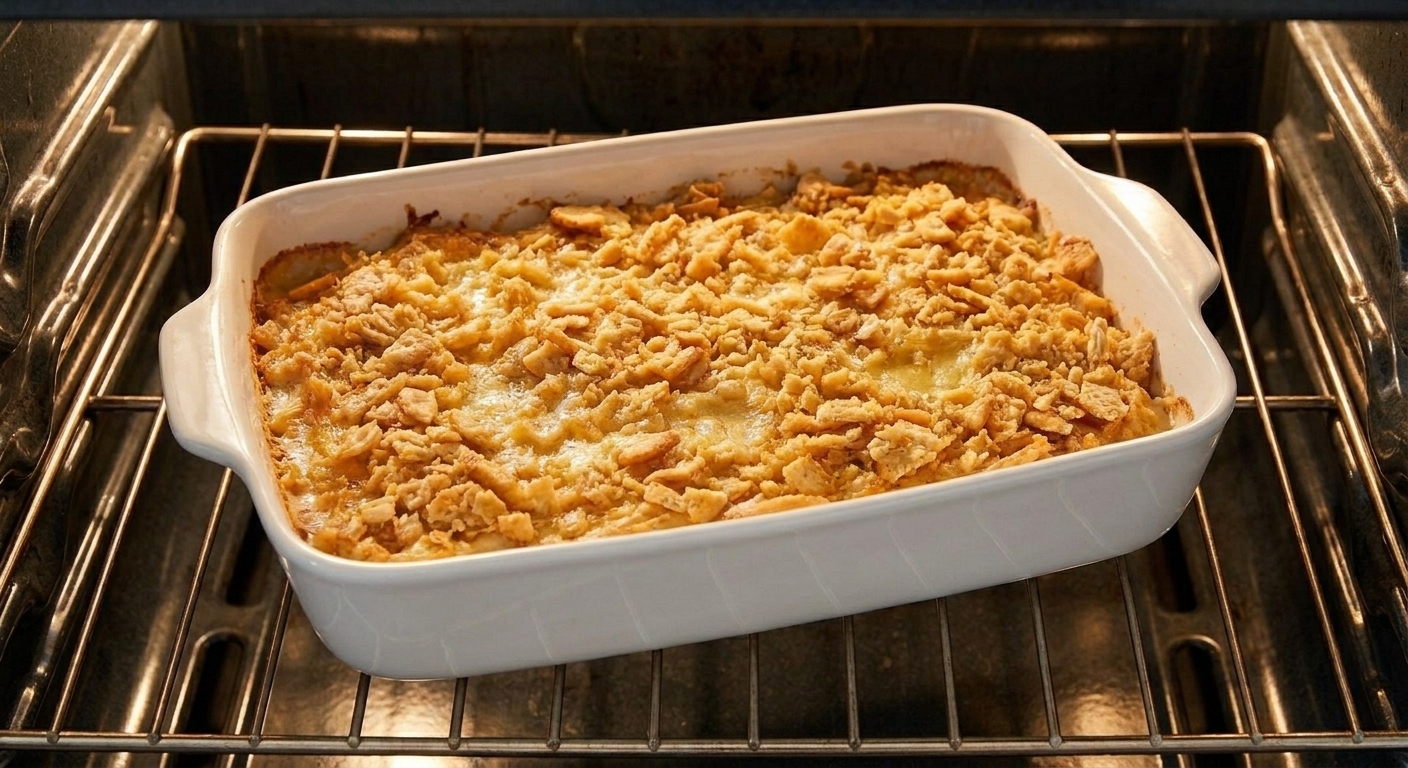 A chicken casserole in a baking dish on the middle oven rack with the topping turning golden