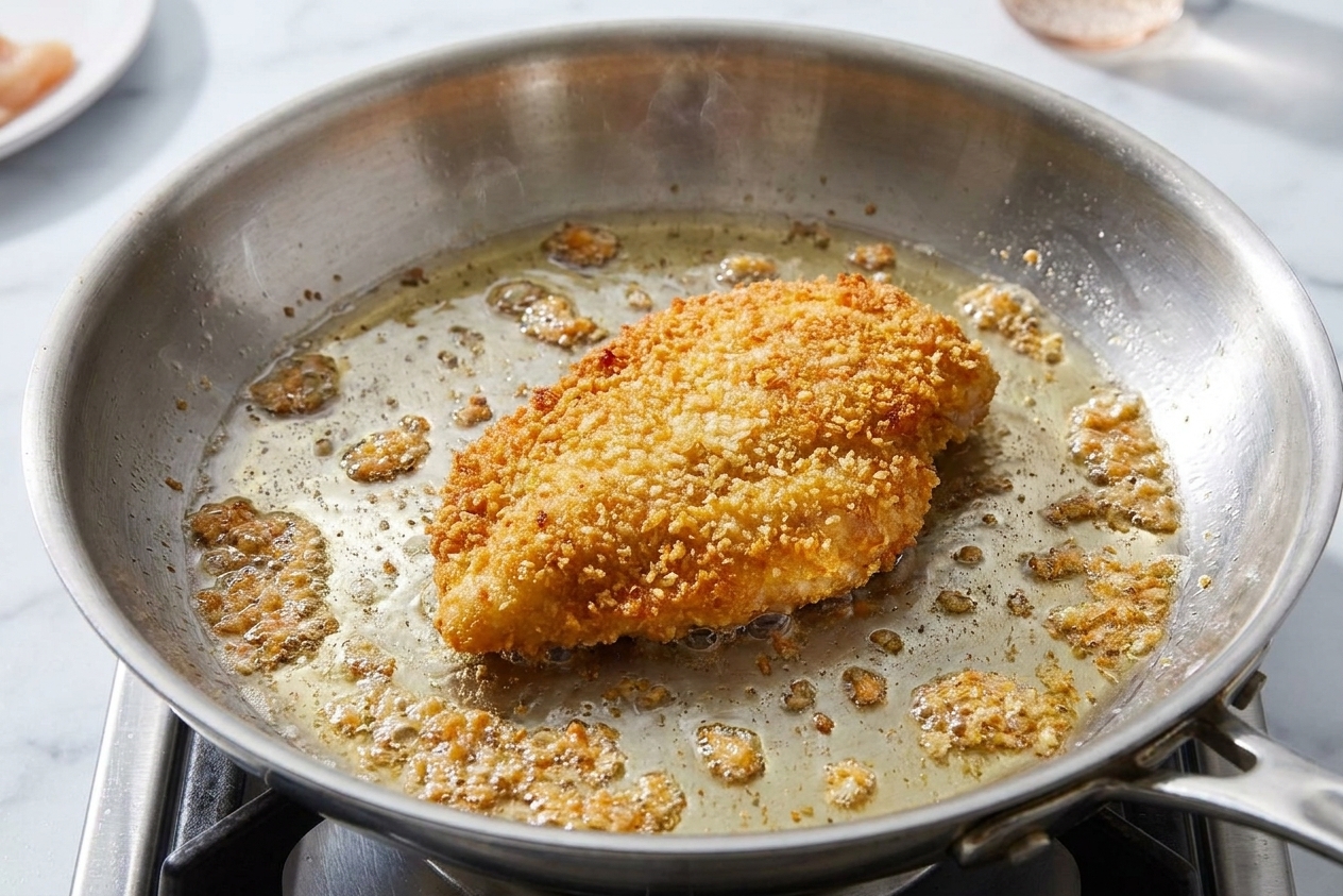 A chicken cutlet frying in shallow oil in a stainless steel skillet with golden crumbs around the edges