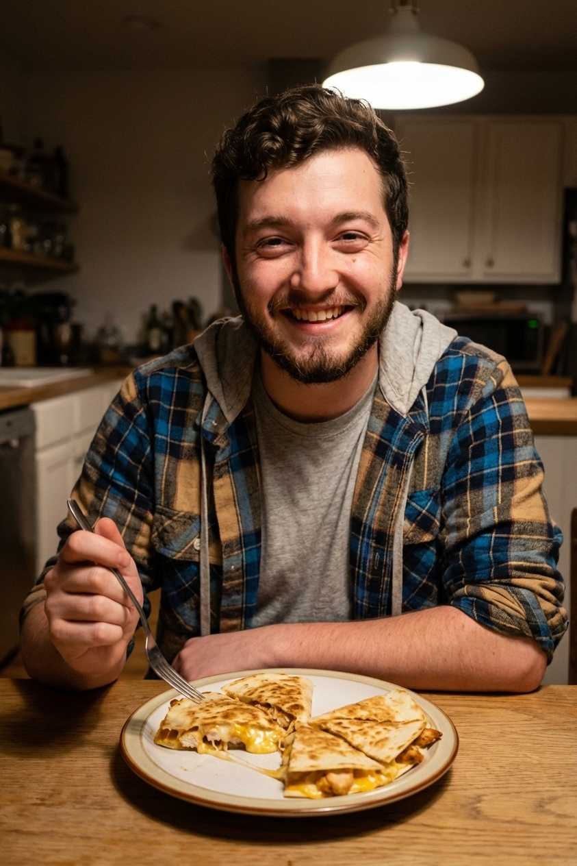 A chicken quesadilla sliced into wedges with melted cheese