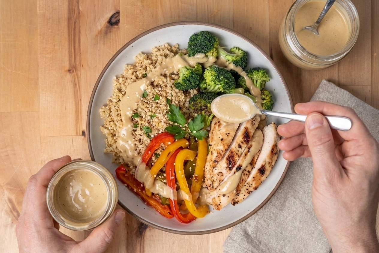 A chicken quinoa bowl as lemon tahini sauce is drizzled over roasted vegetables and sliced chicken