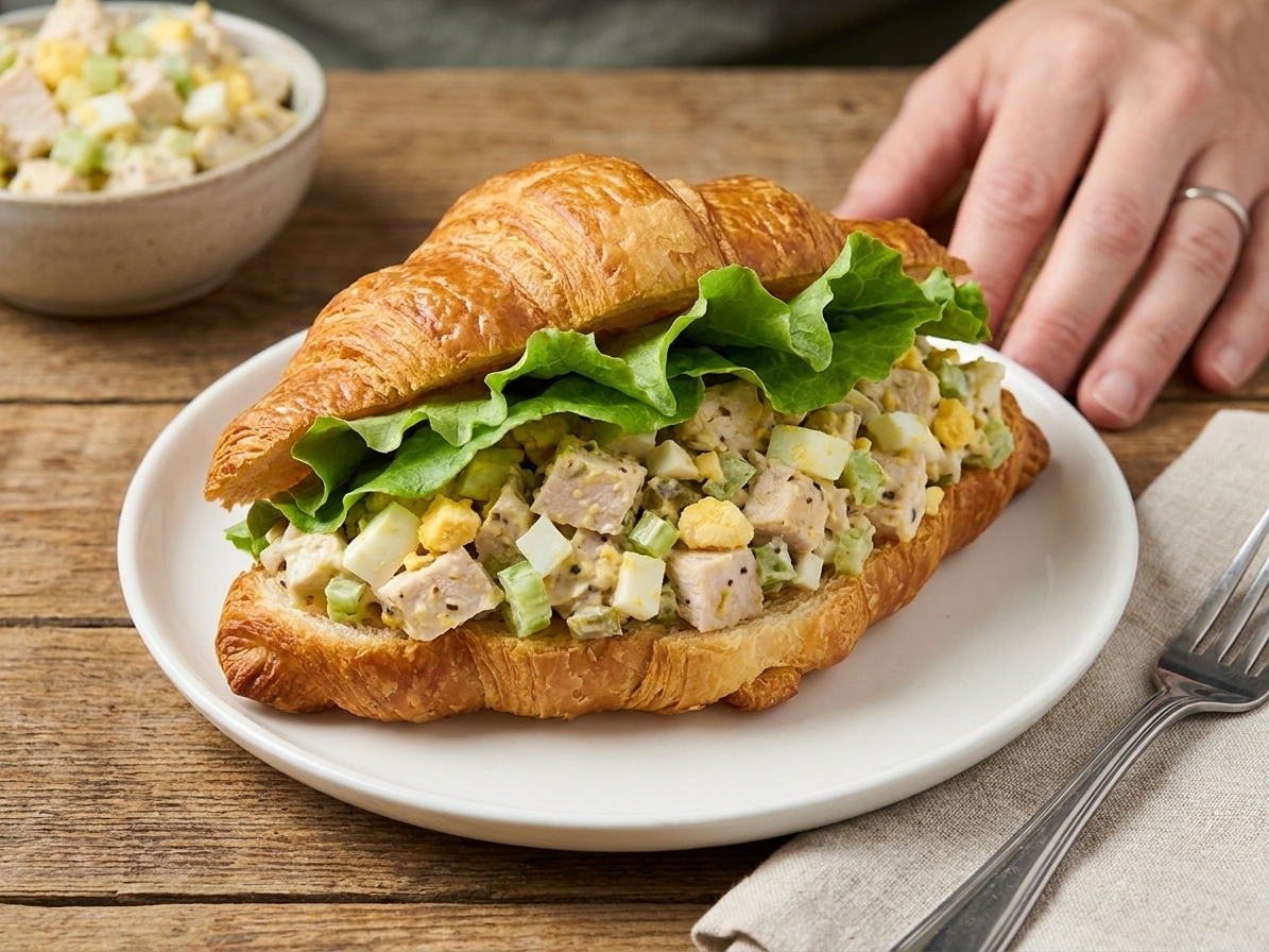 A chicken salad sandwich on a croissant served on a plate with lettuce on a wooden table