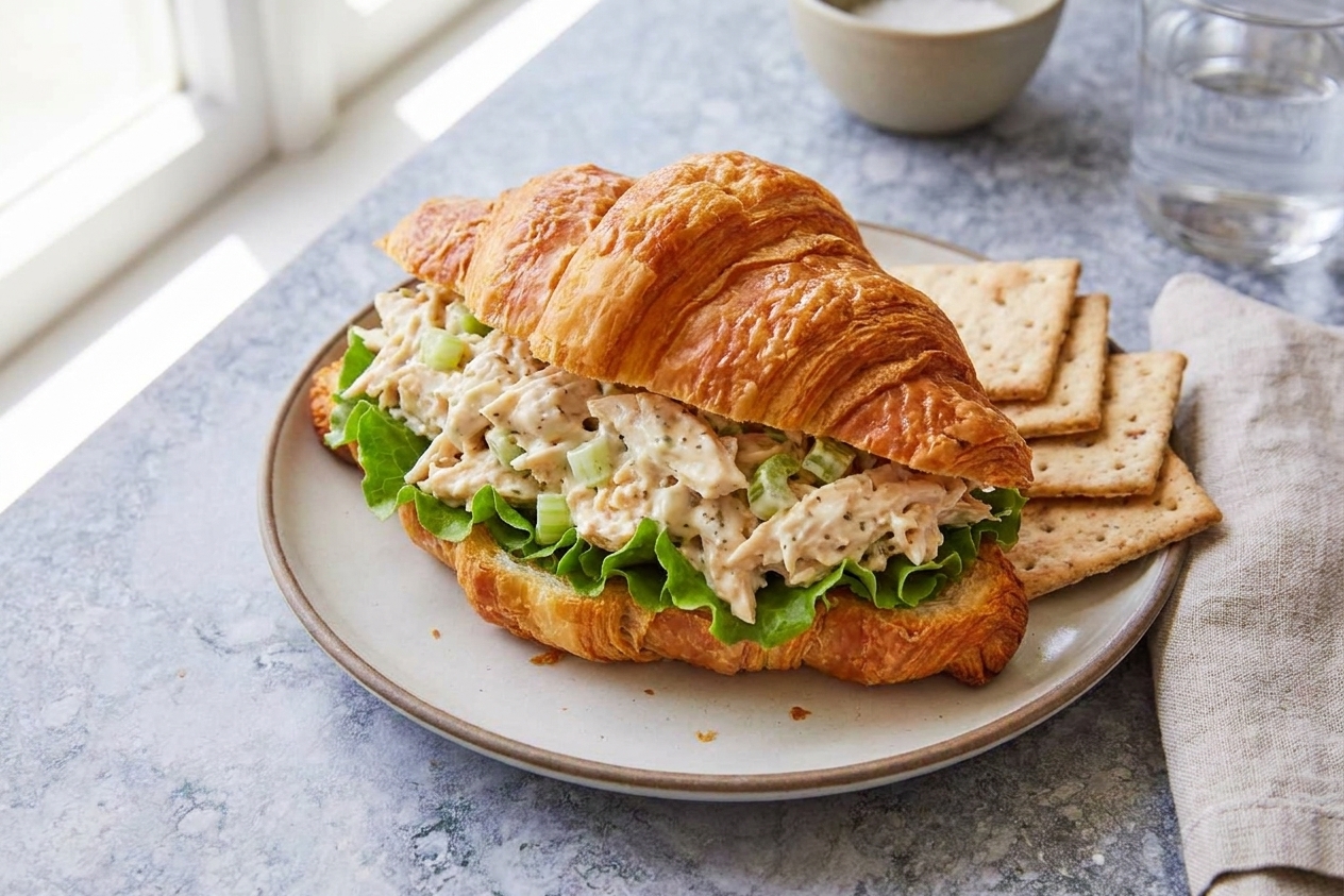 A chicken salad sandwich on a flaky croissant with lettuce on a plate next to crackers in a simple table setting