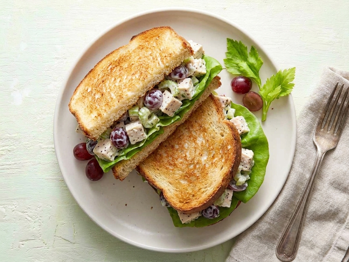 A chicken salad sandwich on toasted bread with leafy lettuce on a simple plate at a kitchen table
